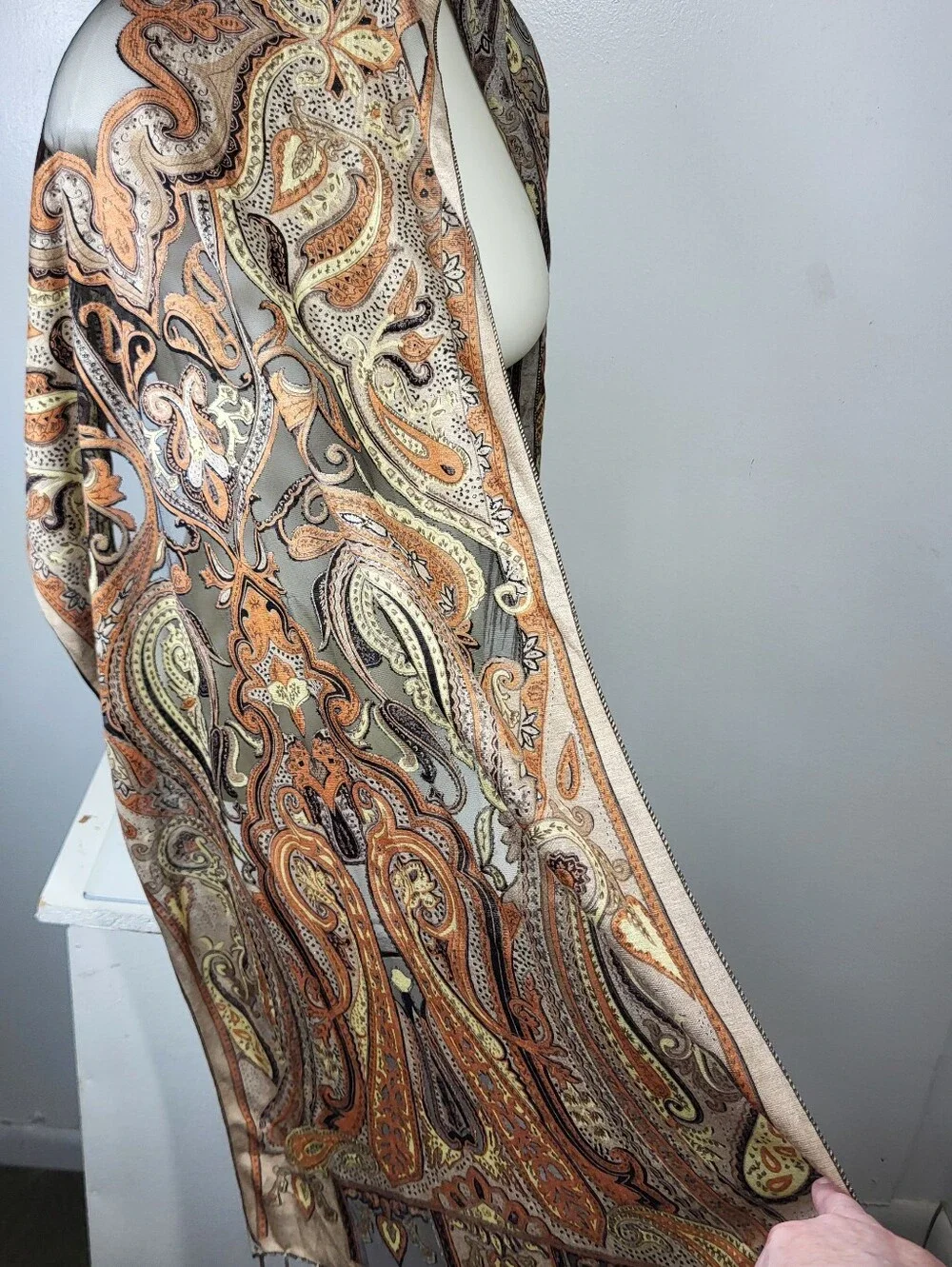 Paisley Fringe Scarf in Beige and Burnt Orange 20